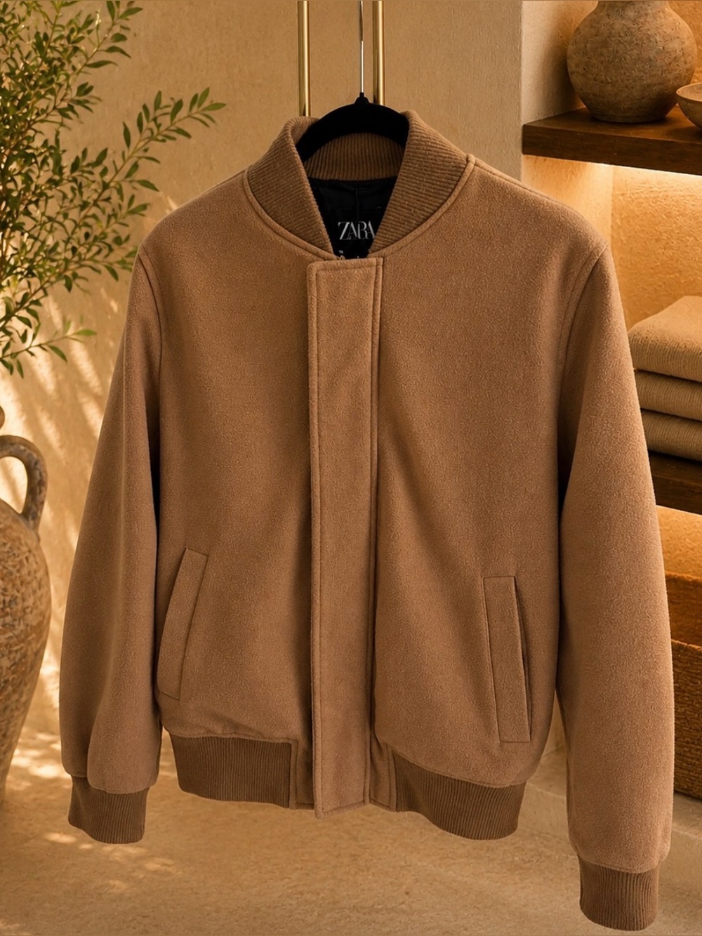 ZARA Oversized Camel Bomber Jacket Size M | Minimalist Zip-Up Coat